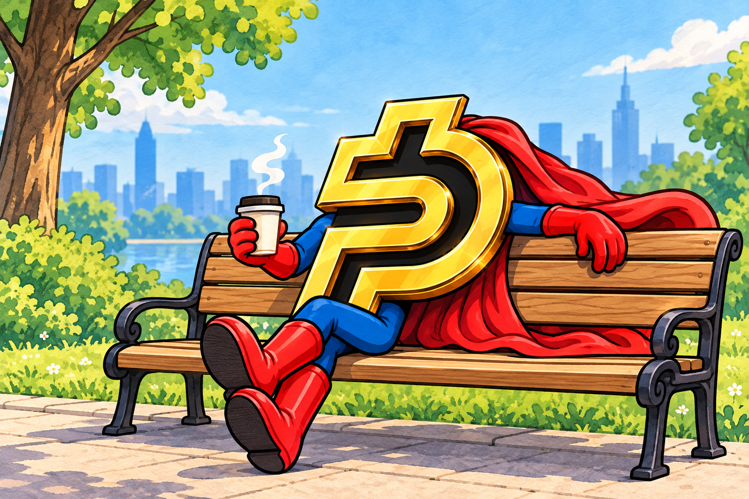 Super Paid relaxing on a park bench with coffee