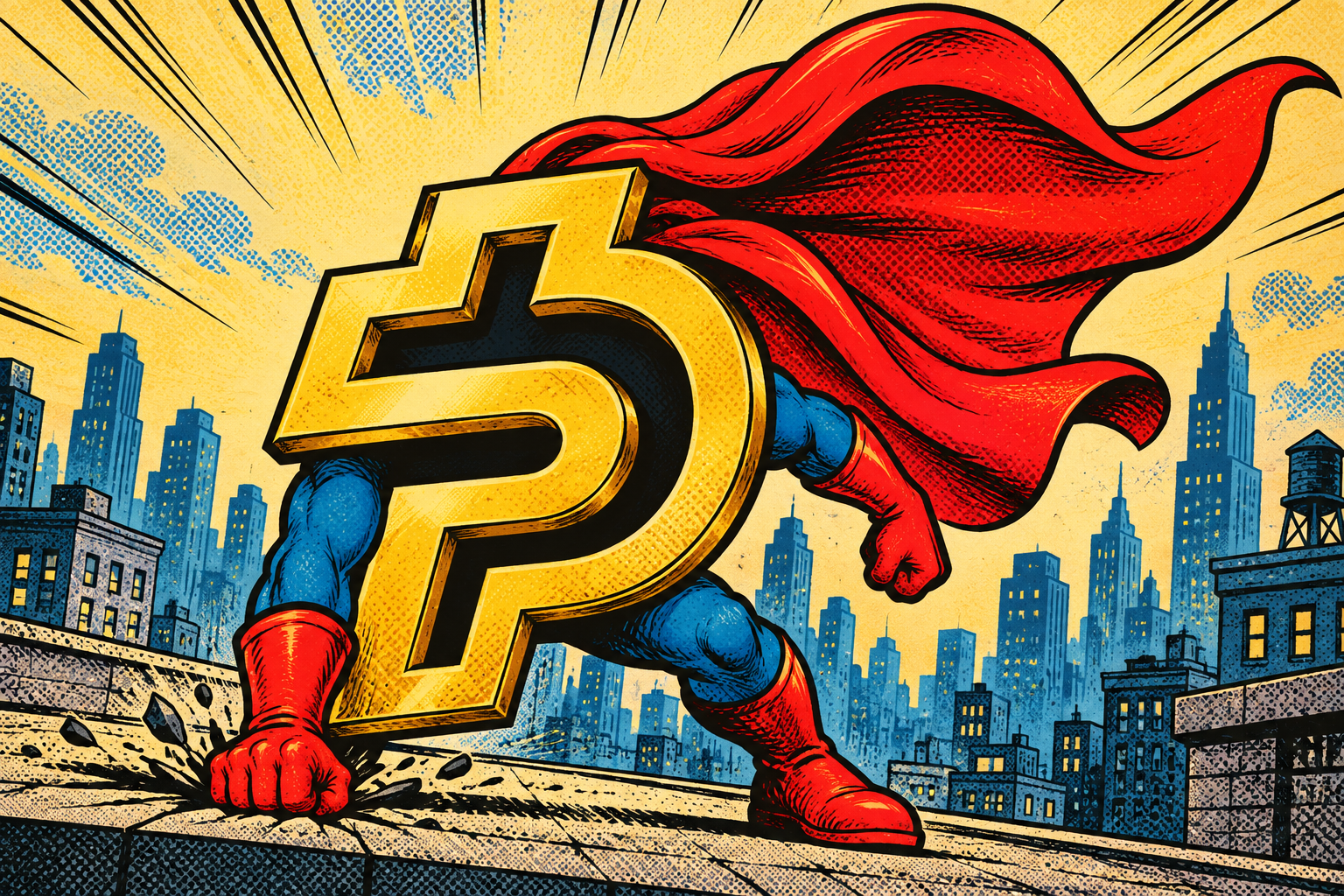 Comic-book Super Paid doing a superhero landing