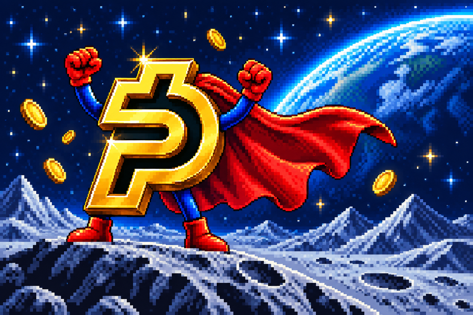 Pixel-art Super Paid celebrating on the moon
